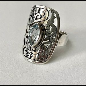 ATI Blue Topaz Sterling Silver Ring Size 7.25 Scroll Design
